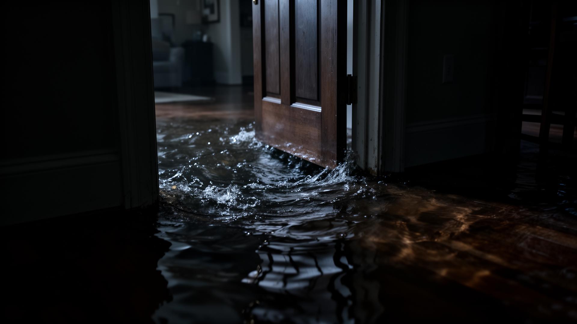 Flood water moving through a doorway